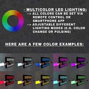 May include: Image shows a color wheel and examples of multicolor LED lighting. Text states that all colors can be set via remote control or smartphone app, with adjustable lighting modes. Examples include white, blue, pink, red, yellow, and green.