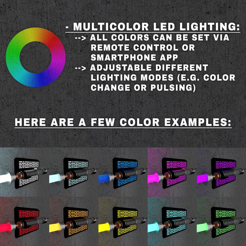 May include: Image shows a color wheel and examples of multicolor LED lighting. Text states that all colors can be set via remote control or smartphone app, with adjustable lighting modes. Examples include white, blue, pink, red, yellow, and green.