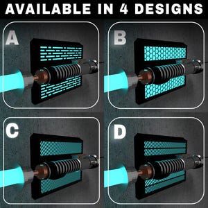 May include: Image showcasing four different designs of a lightsaber. Each design features a black wall mount with a glowing blue light effect. The lightsabers have a silver and black handle with a blue blade extending from the hilt. The text "AVAILABLE IN 4 DESIGNS" is at the top.