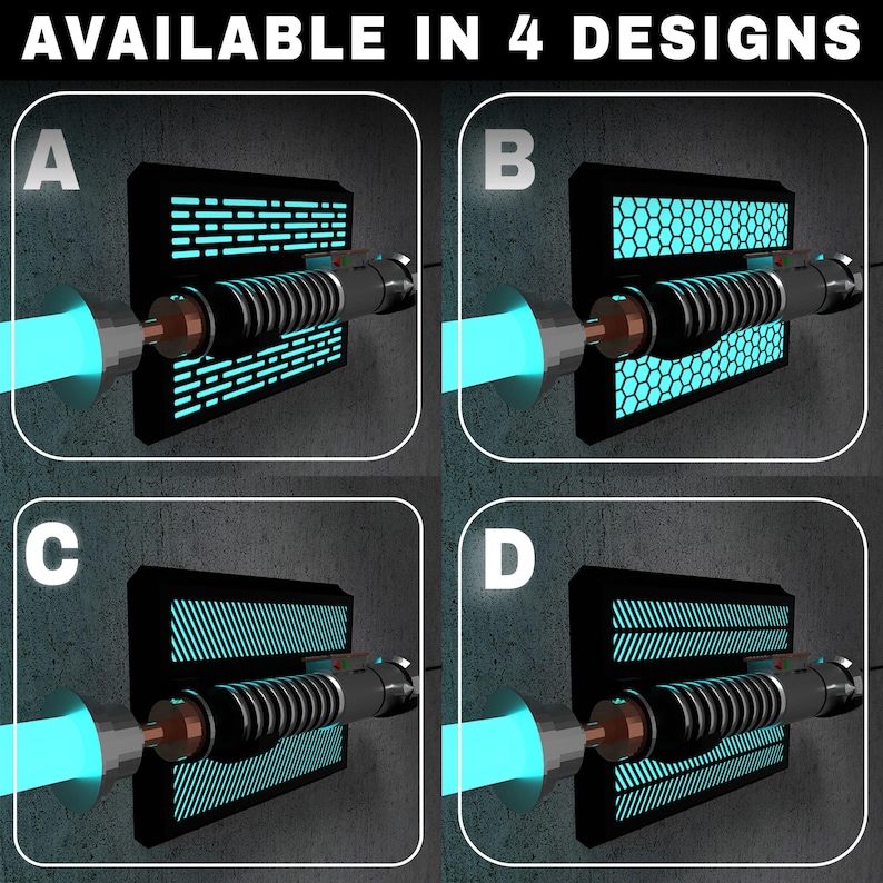 May include: Image showcasing four different designs of a lightsaber. Each design features a black wall mount with a glowing blue light effect. The lightsabers have a silver and black handle with a blue blade extending from the hilt. The text "AVAILABLE IN 4 DESIGNS" is at the top.