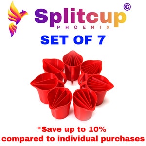 May include: A set of seven red plastic measuring cups, arranged in a circle. The cups are labeled "Splitcup Phoenix" and "Set of 7".