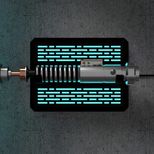 May include: A silver and black lightsaber with a blue glowing rectangular frame. The lightsaber has a detailed design with a metallic handle and a series of vertical lines. The frame has a grid-like pattern of horizontal lines.