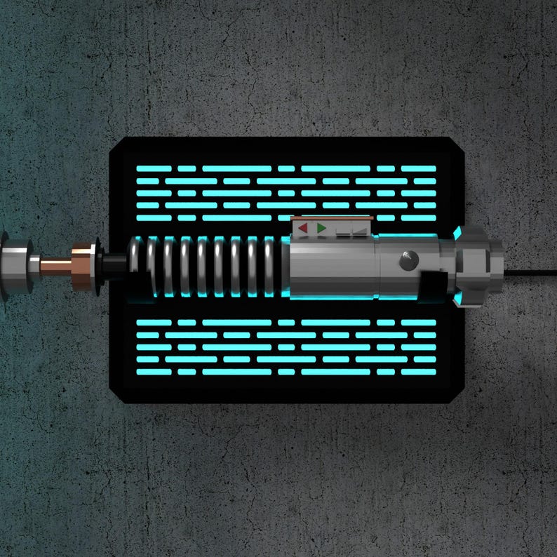 May include: A silver and black lightsaber with a blue glowing rectangular frame. The lightsaber has a detailed design with a metallic handle and a series of vertical lines. The frame has a grid-like pattern of horizontal lines.