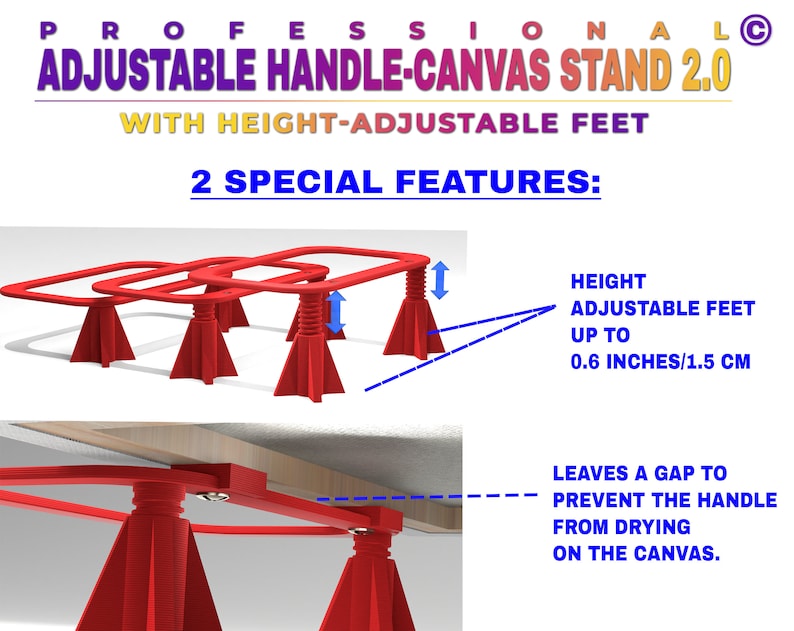 Professional handle canvas stand 2.0 with height-adjustable feet & spacers Set of 2 for best acrylic pouring results image 2