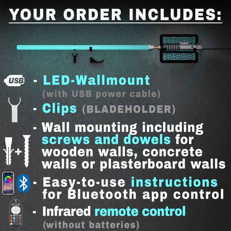 May include: Image shows the components included with an LED wall mount. The items include the LED light, USB power cable, clips, screws, dowels, instructions for Bluetooth app control, and an infrared remote control.