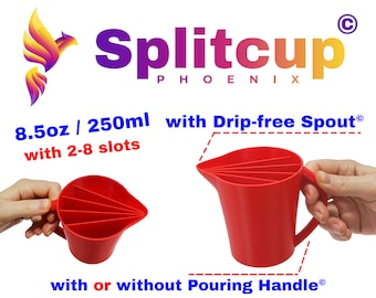 May include: Red plastic 8.5 ounce / 250 milliliter Splitcup Phoenix measuring cup with a drip-free spout and a handle. The cup has 2-8 slots and can be used with or without the handle.