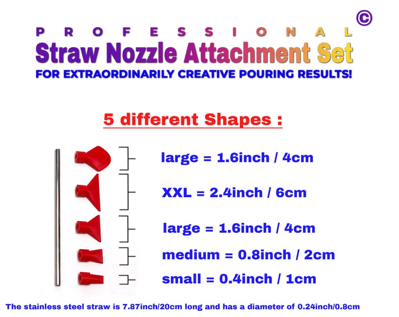 Professional Stainless Steel Straw Blow Nozzles Set of 5 suitable for Acrylic Pouring, Bloom and Dutch Pouring and other color movements image 4