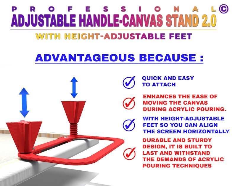 Professional handle canvas stand 2.0 with height-adjustable feet & spacers Set of 2 for best acrylic pouring results image 3