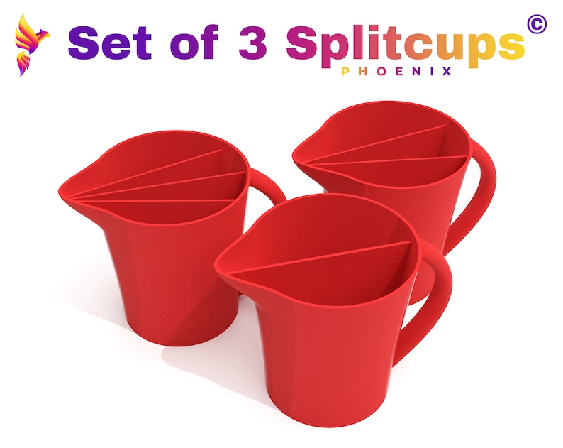 Set of 3 SPLITCUPS PHOENIX© with drip-free spout© 8.5oz 250ml 2 to 8 chambers with or without handle for precise pouring results image 1