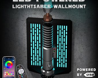 Soporte de pared LED para sable láser | Multicolor | Vertical | 4 diseños | Compatible con todos los sables láser con hoja | Alimentación USB | Control por Bluetooth e infrarrojos mediante app