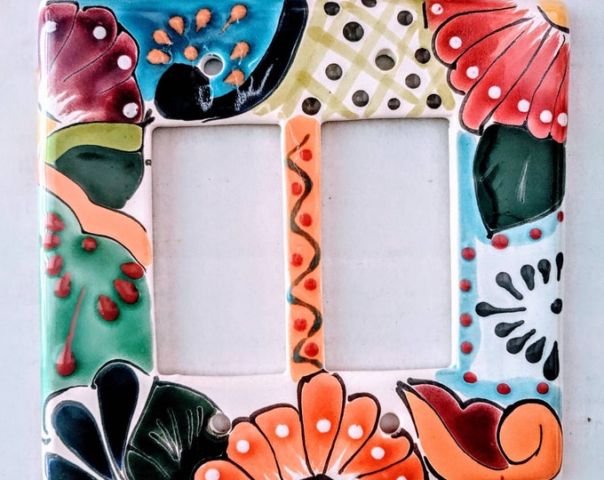 thumbnail image 2 of Talavera Outlet Double Plug Light Switch Plate Cover – Hand Painted – Amigos Pottery – Mexico 2 of 5