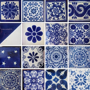 Pack of 15 4x4in. Different Random Ceramic Blue & White Mexican Tiles from Dolores Hidalgo, Mexico