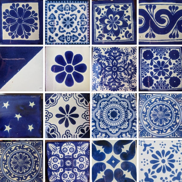 Pack de 15 4x4in. Différents carreaux mexicains de céramique bleue et blanche aléatoires de Dolores Hidalgo, Mexique