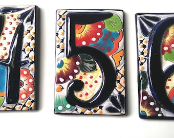 5.5in x 3.5in. Dark Blue Mexican Talavera House Number Tiles- Qty. 1 Standard Size - Floral Designs Vary
