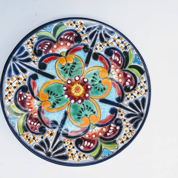 12in. Large Blue-Rimmed Mexican Talavera Dinner or Decorative Plate for Daily Use or Hanging (Qty. 1) *Floral Designs Vary