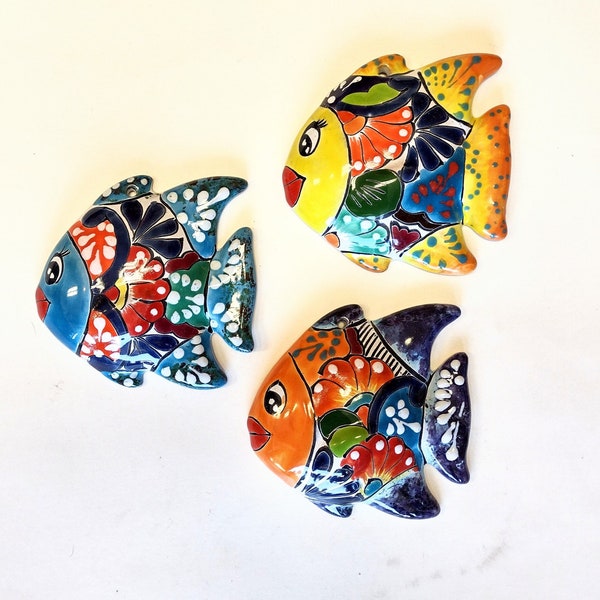 Set of 3 5in. Mexican Talavera Ceramic Angel Fish *Colors & Floral Designs May Vary