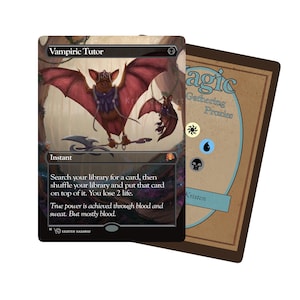 May include: A Magic: The Gathering card titled "Vampiric Tutor" featuring a bat-like creature with large red wings. The card has text describing its function and the artist's signature. A second card is partially visible in the background.
