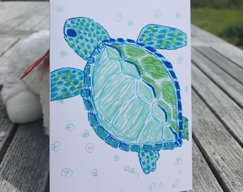 Whimsical Sea Turtle! Cute Greeting Card - Gift Greeting Card - Kawaii Greeting Card - Sea Turtle - Aquarium