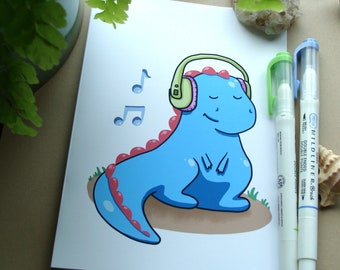 Blue Dinosaur Music and Chill! Cute Greeting Card - Gift Greeting Card - Kawaii Greeting Card - Trex - Tyrannosaurus Rex