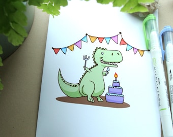 Green Dinosaur Cake Party! Cute Greeting Card - Gift Greeting Card - Kawaii Greeting Card - Trex - Tyrannosaurus Rex