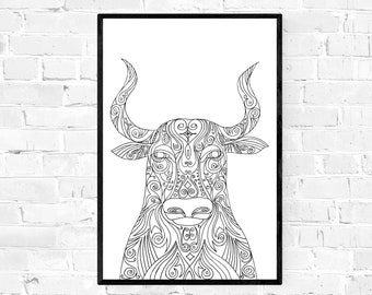 Taurus Zodiac Mandala Print, Gift for Her Him Coloring Page PNG JPG Instant Download Drawing, Art Wall Decor Bull Zodiac Sign Coloring Sheet