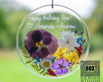 Birthday Gift for Grandpa Garden Lover: REAL FLOWER Suncatcher Personalized with Custom Engraving, Gift for Dad Gardener