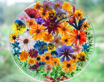 Atrapasueños de flores prensadas, regalo de cumpleaños para mamá, amante de la jardinería, tamaño XXL - Regalo con temática de jardín para la abuela, flores naturales - Arte floral de resina