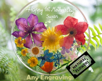 First Mothers Day Gift for Mom: Real Flower Ornament Keepsake Personalized - Custom Engraving Flower Suncatcher