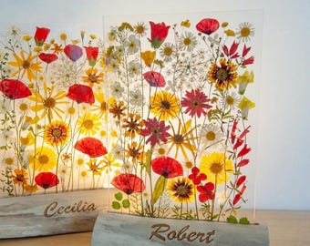 REAL Flower Lamp of Poppies, Calendulas, Buttercups - Birthday Gift for Mom Grandma or Couple, Personalized Gifts: Bedside Lamp Nightlight
