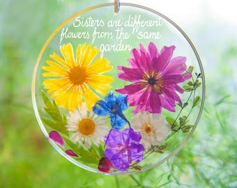 Birthday Gift for Sister Personalized Flower Heart Suncatcher: Any Engraving Ornament -Custom Etched Gift for Sister