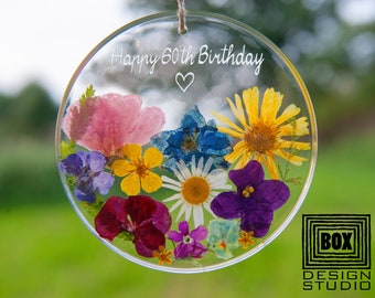 60th Birthday Gift for Mom Any Inscription, 70th Birthday Gift for Woman Friend, Birthday Gift for Grandma, Flower Suncatcher