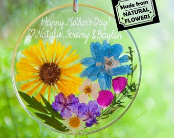Mothers Day Gift for Mum from Children: Real Flower Suncatcher Personalized with Names Gift for Grandma Grandmother Etched Ornament Keepsake