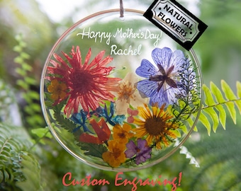 Exclusive Handmade Floral Ornament: Unique Mothers Day gift for Mom / Grandma Flower Suncatcher - REAL FLOWERS