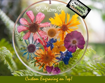 Thoughtful Mothers Day Gift for Mom from Daughter: REAL FLOWER Suncatcher Personalized with Custom Engraving