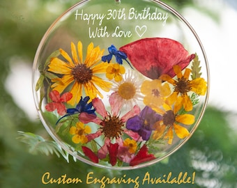 30th Birthday Gift for Women: Gift for Her 40th 50th 60th Birthday Personalized Engraved Flower Suncatcher
