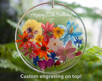 REAL FLOWER 80th Birthday Gift for Grandma-Ornament Custom-Engraved Gift for Nanny: Natural Dried Flower Suncatcher Flower Heart
