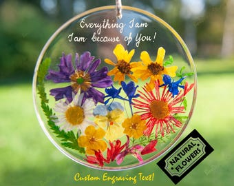 Thank You Mom Gift for Mothers Day: REAL FLOWER Suncatcher - Custom Family Names / Wish Ornament - Gratitude Gift