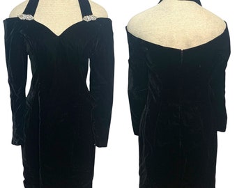 Vintage Timeless Classy Black Velvet Cocktail Dress Rhinestone Detail Size 8