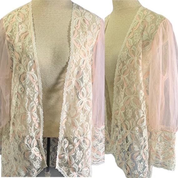 Vintage Pink Chiffon Lace Bishop Sleeve Open Bed … - image 1