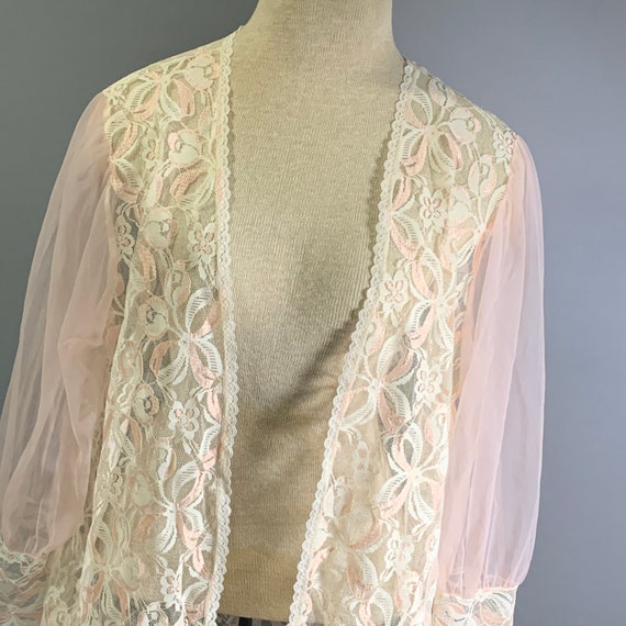 Vintage Pink Chiffon Lace Bishop Sleeve Open Bed … - image 6