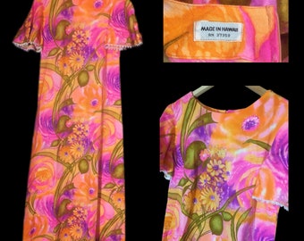 Vintage Hawaiian Dress, Maxi Dress, Hawaii Vacation Dress, Floral, Watercolor Print, Bell Sleeves Orange, Purple, Pink
