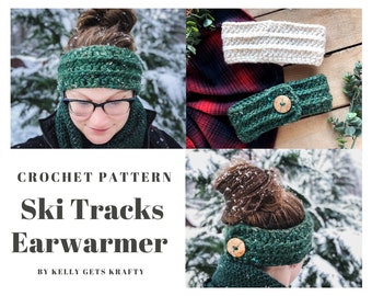 Crochet Headband Earwarmer Pattern | Ski Tracks Earwarmer Pattern | Button Headband Pattern | Women's Winter Earwarmer Pattern |