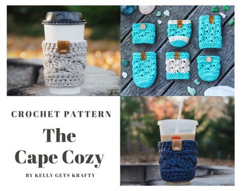 Crochet Coffee Sleeve Pattern | Cape Cozy Pattern | Beach Coffee Cozy | Ecofriendly Reusable Sleeve | Summer Shell Can Cooler