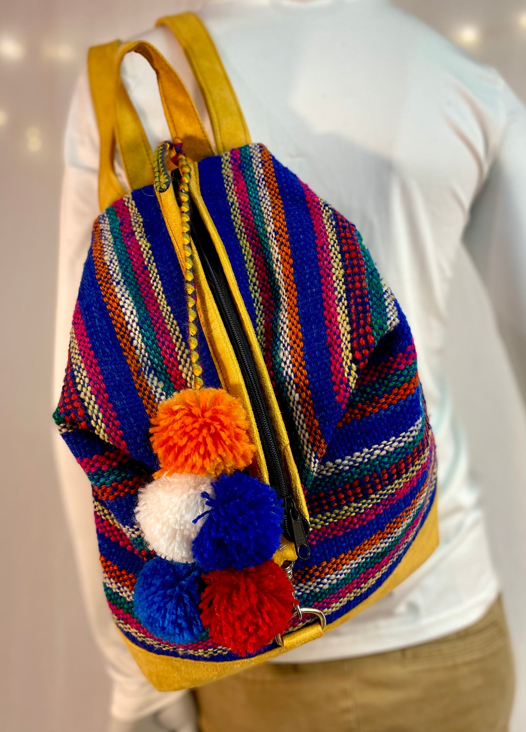Peru manta wool backpack colorful Handmade Woven Backpack – Peruvian Mantas Design, Leather  main image 3