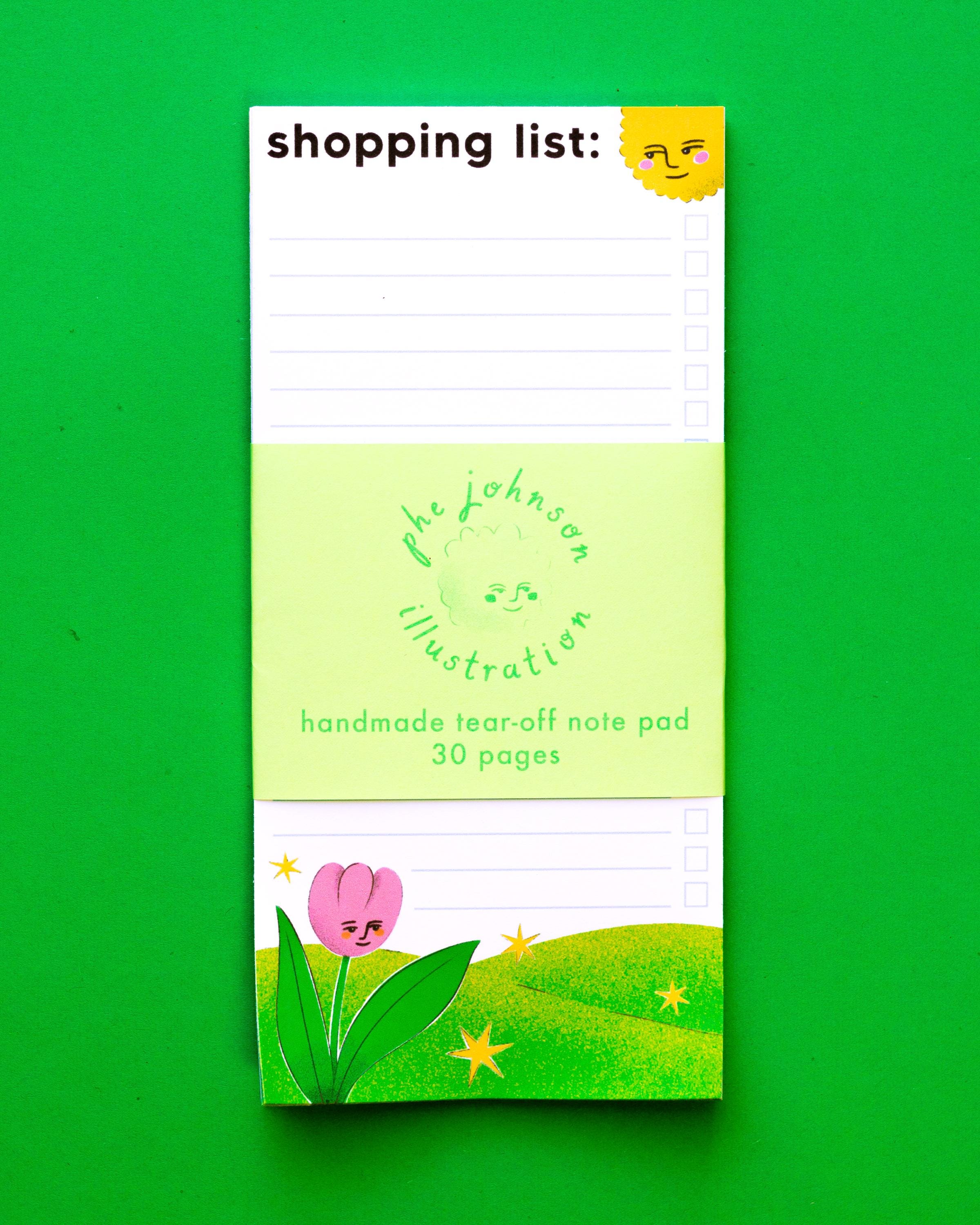 Shopping List Handmade Nostalgic Design Flower Meadow and Sunshine Tear-Off Illustrated Notepad