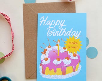 Happy Birthday! Make a Wish Cake and Candles Retro A6 Greetings Card
