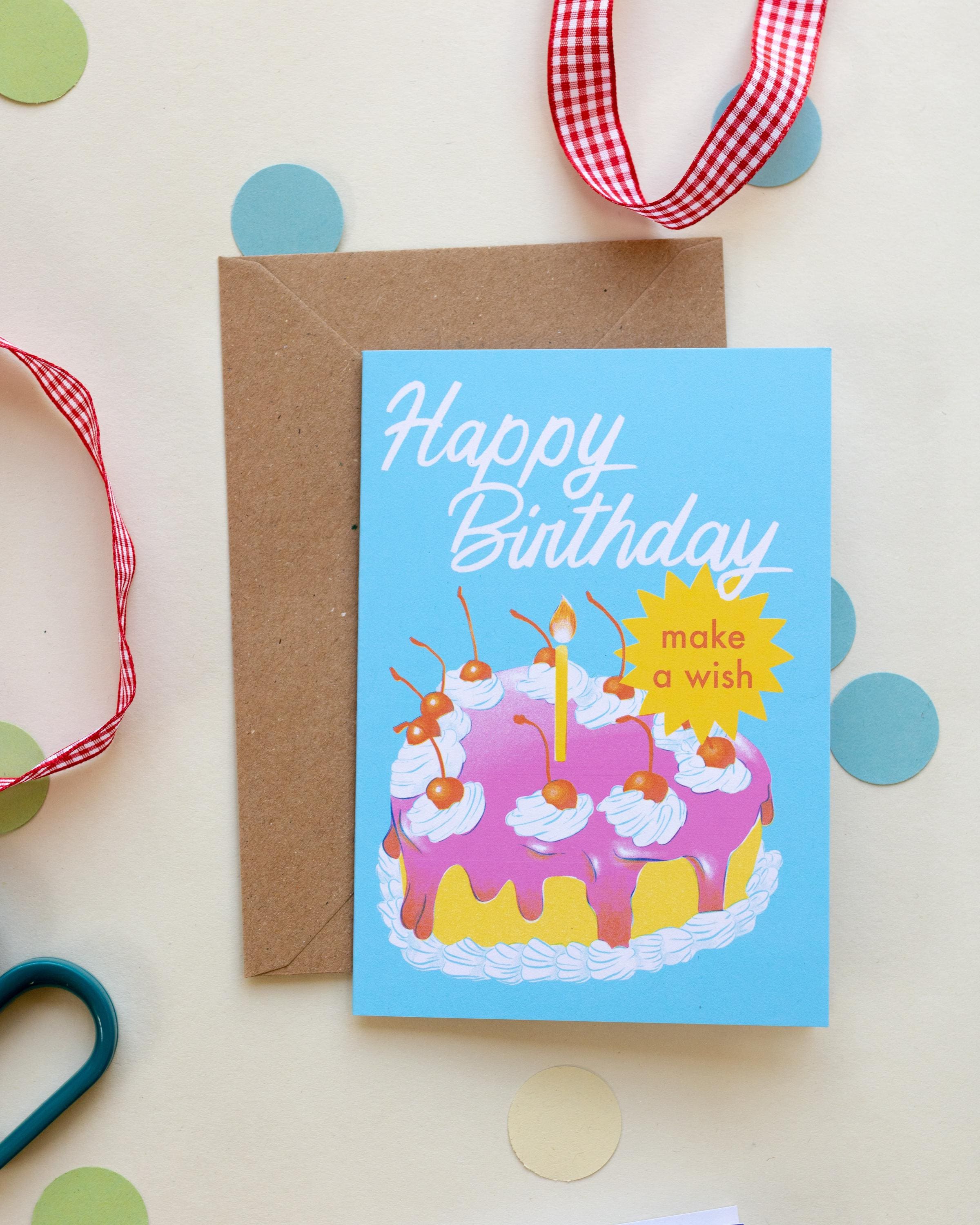 Happy Birthday! Make a Wish Cake and Candles Retro A6 Greetings