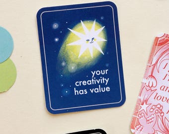 Jouw creativiteit heeft waarde, geïllustreerde sticker vallende ster en citaat [inspirerende/motiverende/positieve sticker met retro-ontwerp]