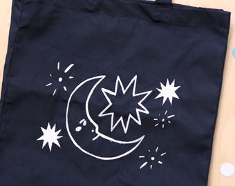 Crescent Moon and Stars Embroidered Cotton Tote Bag