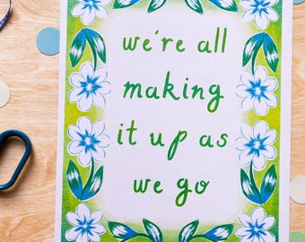 Floral Quote Risograph Print: Mindful Living A4 Illustration